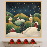 Peaceful Snowy Christmas Village with Church and Stars – Folk Art Holiday Landscape Painting on Ready to Hang 1.5" Thick Canvas Wrap, Floating Framed Canvas, Flat Rolled Canvas